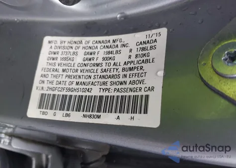 2016 Honda Civic Lx из США, поврежденный, VIN 2HGFC2F59GH510242